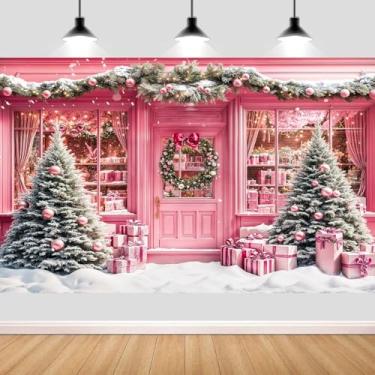 Imagem de Caixa de presente de árvore de Natal rosa de 3,5 x 2,5 m, cenário de neve, guirlanda de Natal, para festas de fim de ano, cabine de fotos, país das maravilhas de inverno, decoração de casa, estúdio