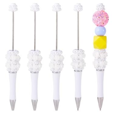 Imagem de Spritewelry Canetas com contas de flor de pérola, 5 peças, canetas brancas extravagantes com contas brilhantes de flores de rosa, faça você mesmo, caneta esferográfica de tinta preta de plástico para