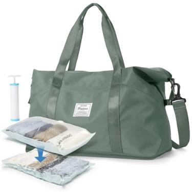 Imagem de Bolsa esportiva de viagem, bolsa esportiva, bolsa de ginástica, bolsa de ombro para noite de fim de semana para mulheres, Verde (bolsa esportiva + bolsa de armazenamento a vácuo + bomba manual