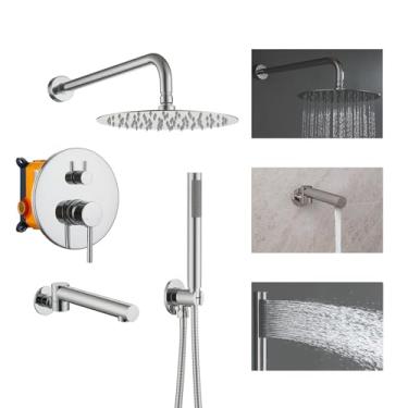 Imagem de Clihome Conjuntos de Torneiras de Chuveiro de 10" Completos com Bica de Banheira Giratória, Sistema de Chuveiro de Chuva com Chuveiro de Mão, Chuveiro Quadrado Fixo, Corpo de Válvu (, Cromo)
