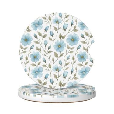 Imagem de Neukim Pacote com 2 porta-copos de copo de carro com botão floral azul, 6 cm, folha de aquarela, antiderrapante, base de cortiça e acessórios de carro, interior para mulheres e homens