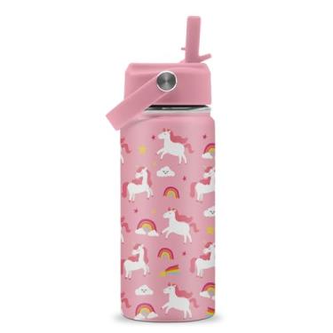 Imagem de ROVOZAR Garrafa de água de unicórnio para meninas - Garrafa de água de aço inoxidável arco-íris de 473 ml com canudo - copo com isolamento de arco-íris fofo - Copo infantil de unicórnio rosa para