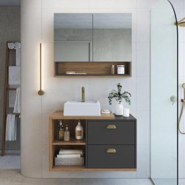 Imagem de Gabinete de Banheiro 80cm com Espelheira 2 Portas e Cuba Helena - FAEM