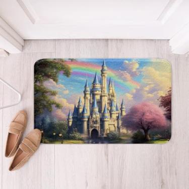 Imagem de Princess Castle Tapete de banheiro de lã 50,8 cm x 76,2 cm, tapete de banho com tema de conto de fadas dos sonhos arco-íris para chuveiro e banheira, flor rosa floral lago, tapete de banheiro