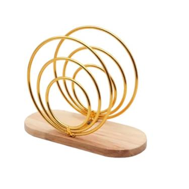 Imagem de Porta-guardanapos de ferro forjado - Suporte de mesa vertical preto dourado com base de madeira - Design retrô oco para cafeterias (dourado)