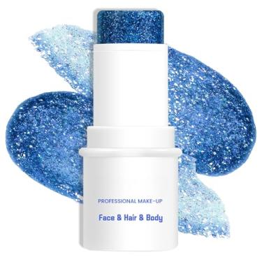 Imagem de LOKFAR Bastão de maquiagem com glitter azul para corpo e rosto, gel multiuso à prova d'água com glitter para rosto, corpo e lábios, bastão de tinta de lantejoulas holográficas, acessórios de maquiagem