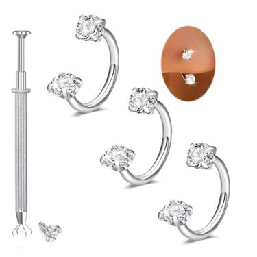 Imagem de Longita Anel de nariz em ferradura para mulheres, anel de nariz de sapato de cavalo com pedra dupla, 20 g, aço cirúrgico, prata, cartilagem, hélice, tragus, brincos, argolas, labret, piercing labial