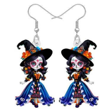 Imagem de DALANE Novidade de acrílico assustador Dia dos Mortos crânio de açúcar boneca assustadora brincos pendentes de Halloween design de bruxa gótico mexicano trajes de férias joias exclusivas presentes