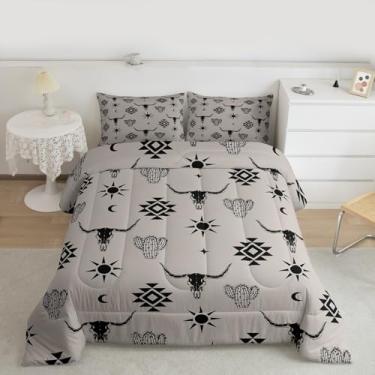 Imagem de Feelyou Conjunto de edredom Queen com caveira de touro ocidental, asteca do sudoeste, para crianças, meninos, meninas, tribal, boêmio, cacto exótico, decoração de quarto, microfibra, 3 peças com 2
