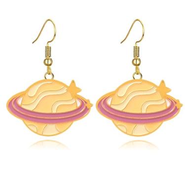 Imagem de MALOYANVE Brincos pendentes femininos personalizados Planeta joia tom azul Saturno, Medium, Zinco, Sem pedra preciosa