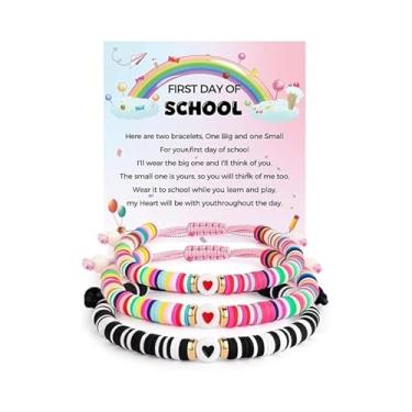 Imagem de VIYPDRST Conjunto de pulseiras combinando "First Day of School" Mommy and Me, presentes de volta às aulas, ajustável, combinando, coração, desejo, pulseira de coração, contas de argila, conjunto de