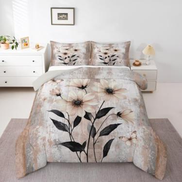 Imagem de Erosebridal Conjunto de edredom Queen com pintura a óleo abstrata e rústica, bege, marrom, cinza, branco