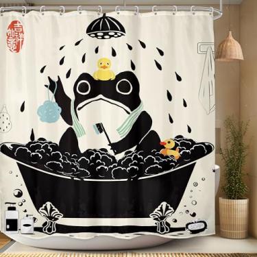 Imagem de LGhtyro Conjunto de cortina de chuveiro de sapo engraçado, 188 cm L x 180 cm A, animal fofo, estilo asiático, arte tradicional japonesa, borracha, pato de borracha, acessórios de banho, arte bege