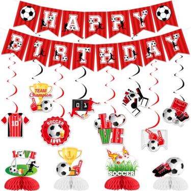 Imagem de Sursurprise Decorações de aniversário de futebol vermelho, faixa de feliz aniversário de futebol, espirais pendurados, centros de centro de colmeia para artigos de festa temáticos esportivos