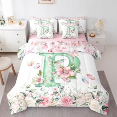 Imagem de Erosebridal Conjunto de cama infantil com monograma, letra P, solteiro, 7 peças, letra P, para decoração de quarto de meninos e meninas, conjunto de cama de jardim e borboletas florais