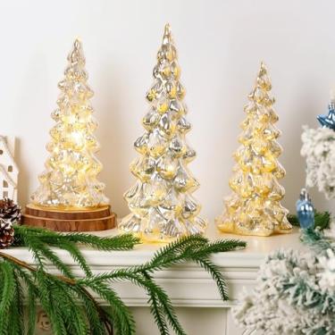 Imagem de Conjunto de 3 árvores de Natal de vidro mercúrio dourado, árvores de Natal iluminadas para decoração de lareira de mesa de fim de ano