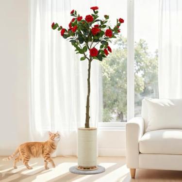 Imagem de Poste de arranhar gatos de 188 cm de altura, árvore de camélia artificial, extragrande, arranhador para gatos internos, adultos, 21 cm de espessura, haste de corda de sisal natural com brinquedo