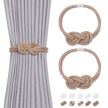 Imagem de NICEEC Pacote com 2 laços de cortina de corda de juta natural, elegante, estilo boêmio, fecho magnético, amarrado, corda macia à mão, retentores para cortinas de casa e escritório (nó de juta-01)