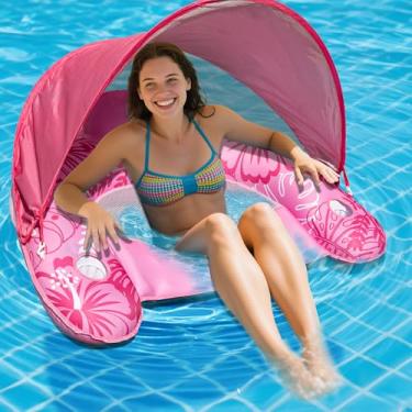 Imagem de Boia inflável coberta de tecido para piscina adulto com proteção solar UPF50+ e suportes de copos, cadeira reclinável para espreguiçadeira de água GG para festa na piscina, lago praia, rosa
