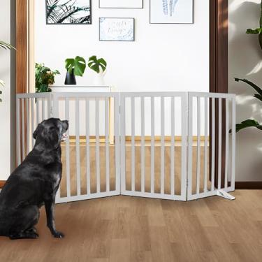 Imagem de SFJC Portão interno para cães, cerca independente para casa, portas, corredores ou escadas, portão para animais de estimação dobrável de madeira, expansível 81 cm de altura, 4 painéis, cinza