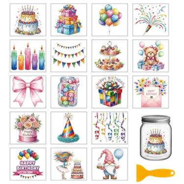Imagem de GLOBLELAND 18 folhas de adesivos de transferência de bolo de feliz aniversário 9,98 x 9,08 cm colorido festa balões transferência decalque esfregar na transferência para copo decalque vaso vidro arte