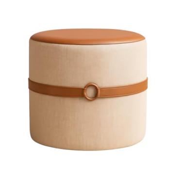 Imagem de Puff Decorativo Redondo Courino e Tecido Linho com Detalhe em Faixa