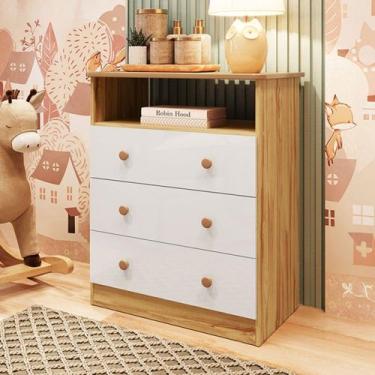 Imagem de Cômoda Infantil Smim New 3 Gavetas 100% Mdf Branco Brilho/Amêndoa - Mó