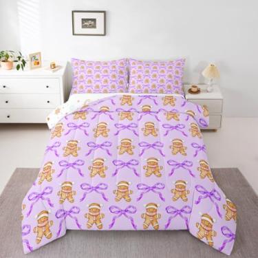 Imagem de Feelyou Conjunto de edredom de Natal roxo para crianças, solteiro, Natal, fofo, pão de gengibre, para meninos e meninas, adolescentes, kawaii, laço, férias de inverno, edredom para decoração de quarto