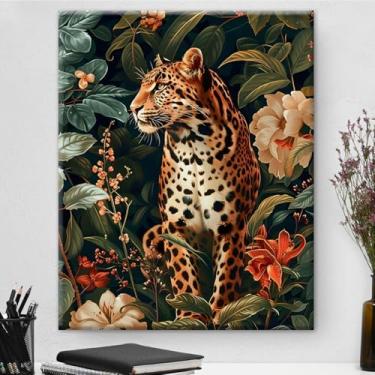 Imagem de Arte de parede botânica vintage de leopardo majestoso emoldurado - Decoração de parede com flores escuras Academia para sala de estar quarto casa 20 x 25 cm