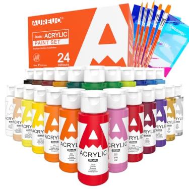 Imagem de AUREUO Conjunto de tinta acrílica com 24 cores 59 ml (59 ml) kits de pintura de arte de cores metálicas com 3 pincéis de tinta – pigmentos ricos de tintas acrílicas para crianças, estudantes, iniciantes, artistas