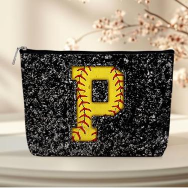 Imagem de Bolsa de maquiagem inicial, monograma, letra P, bolsa cosmética, bolsa com zíper, acessórios de softball, para meninas, mulheres, jogadoras, treinadoras, amigas, presentes de aniversário de formatura