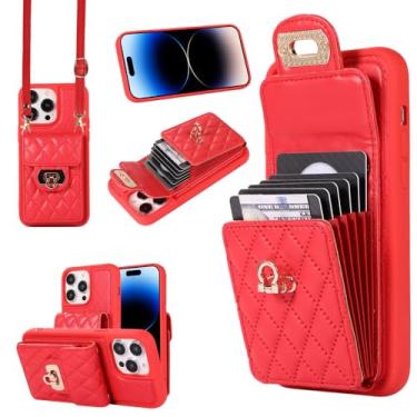 Imagem de Capa de couro com alça de ombro crossbody para iPhone 14 13 12 11 15 Pro Max XS XR 8 7 Plus SE20 Capa carteira clássica de treliça, vermelha, para iPhone 14Plus
