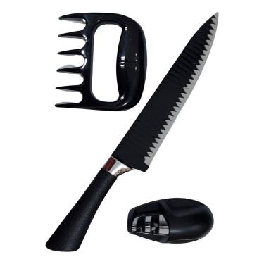 Imagem de Kit 3 Peças Para Churrasco Faca Garra Amolador Preto