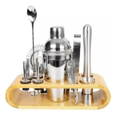 Imagem de Kit Coqueteleira Bar Profissional Para Drinks Bebidas 550ml Inox Com 12 Peças Drinks Barman Caipirinha Suporte de Madeira