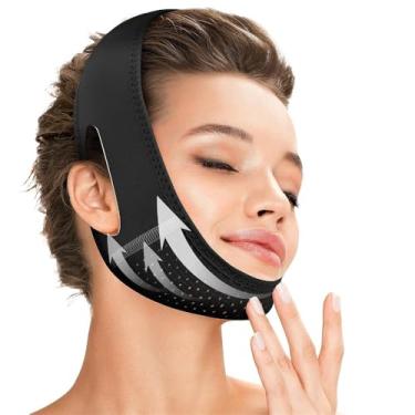 Imagem de Faixa de queixo feminina Uilita para dormir, redutor de papada, faixa de queixo ajustável, faixa para mandíbula, modelador de contorno facial, máscara de lifting facial em V.(Black)