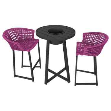 Imagem de Conjunto Bistrô Champanheira Tampo Ripado E 2 Banquetas Reis Corda Náutica Rosa - Cor: Rosa