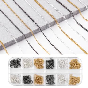 Imagem de 12 tiras de correntes de arte de unhas de metal, correntes de unhas prateadas douradas e pretas com caixa 3D decorações de unhas pingentes DIY personalidade joias de unhas ornamentos de design de