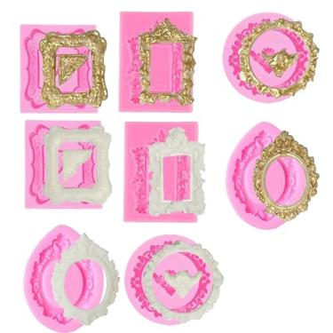 Imagem de 8 peças de moldes vintage de silicone para molduras para fotos - Molduras de fondant para decoração de topo de bolo de cupcake chocolate doce sobremesa