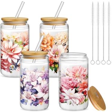Imagem de Mumufy 4 peças de presente para mulheres flor floral elegante copo copo de vidro jardim florido 473 ml copo de café gelado com tampa de bambu e canudo, presente de aniversário de dia das mães para mãe