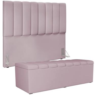 Imagem de Kit Cabeceira Cama Box Casal 140cm Com Calçadeira Recamier Baú Dália W01 Suede Rosê - Lyam Decor