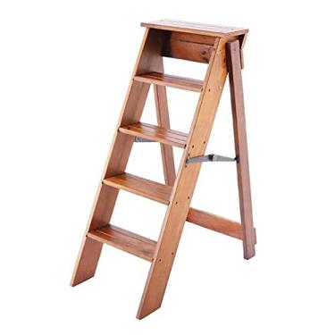 Imagem de Banqueta dobrável de madeira maciça com 5 degraus, cadeira multifunções, escada de escalada, prateleira de biblioteca, estante de livros, suporte de plantas, dobrável (branco) (cor de madeira)