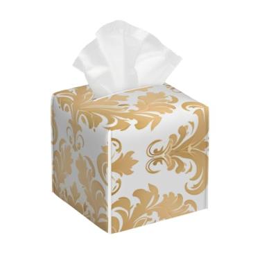 Imagem de Suporte quadrado de couro para caixa de lenços de papel, impermeável, damasco, padrão étnico, organizador de papel facial com cinto inferior, estojo de lenços para mesa, banheiro, escritório, mesa