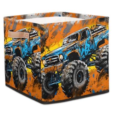 Imagem de hongjinglin Cestos dobráveis de armazenamento de cubo monstro caminhão fogo caixas dobráveis legais brinquedo infantil com alças organizador de armazenamento de tecido cesto para berçário, sala de