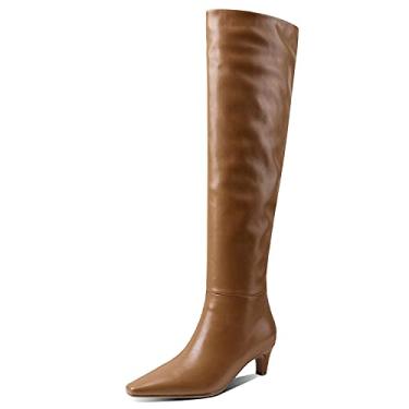 Imagem de Lutalica W Vestido feminino elegante de bico quadrado sem cadarço outono inverno panturrilha larga confortável salto baixo gatinho acima do joelho botas de cano alto, Marrom, 36