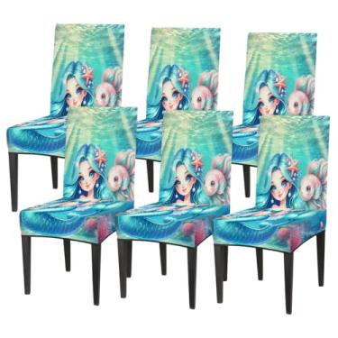 Imagem de hongjinglin Conjunto de 6 capas elásticas para cadeira de sala de jantar, capa protetora de assento de cadeira, sereia do oceano, fofa, removível, lavável, para cozinha, casa, hotel, banquete, festa