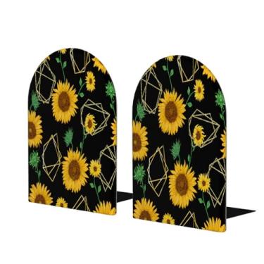 Imagem de Linda flor girassol grande suporte de livros de madeira decorativo antiderrapante resistente terminais de livros para escritório mesa de escritório casa biblioteca escola estudo decoração divisórias