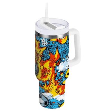 Imagem de Blueangle Copo isolado de 850 g com alça e tampa de canudo - Caneca de viagem de aço inoxidável à prova de vazamento, garrafa de água de futebol de desenho animado de chama a vácuo de parede dupla
