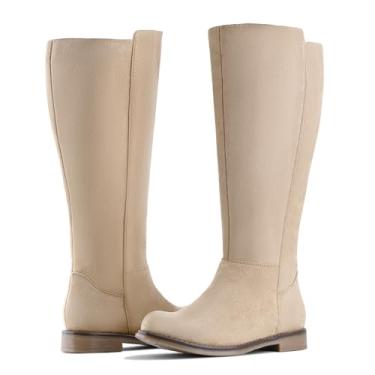 Imagem de Shoe'N Tale Botas femininas de cano alto na altura do joelho com salto baixo, bico redondo elástico com zíper lateral, moda outono e inverno confortável, cáqui, 7 UK