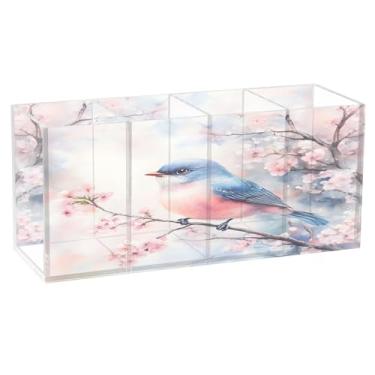 Imagem de SEHANY Lindo porta-canetas de acrílico com flores em aquarela, pássaro, 4 compartimentos, porta-lápis transparente, organizador de pincéis de maquiagem, organizador de papelaria para escritório, casa