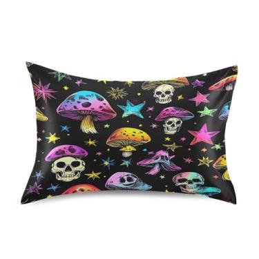 Imagem de Blueangle Fronha de cetim com caveiras de cogumelos coloridos para cabelo e pele, fronha de seda, tamanho Queen (50,8 x 76,2 cm) - Capas de almofada de cetim refrescantes com fecho de envelope (71)